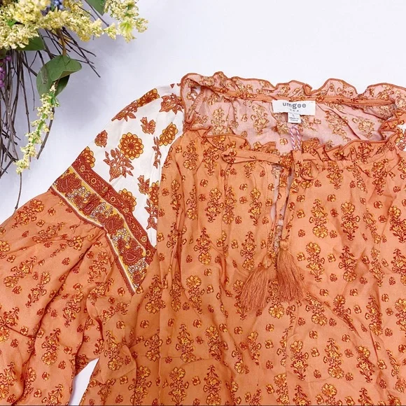 Umgee | Floral Long Puff Sleeve Keyhole Dress Ruffle Hem Tassel Tie Tiered Boho - Picture 4 of 16